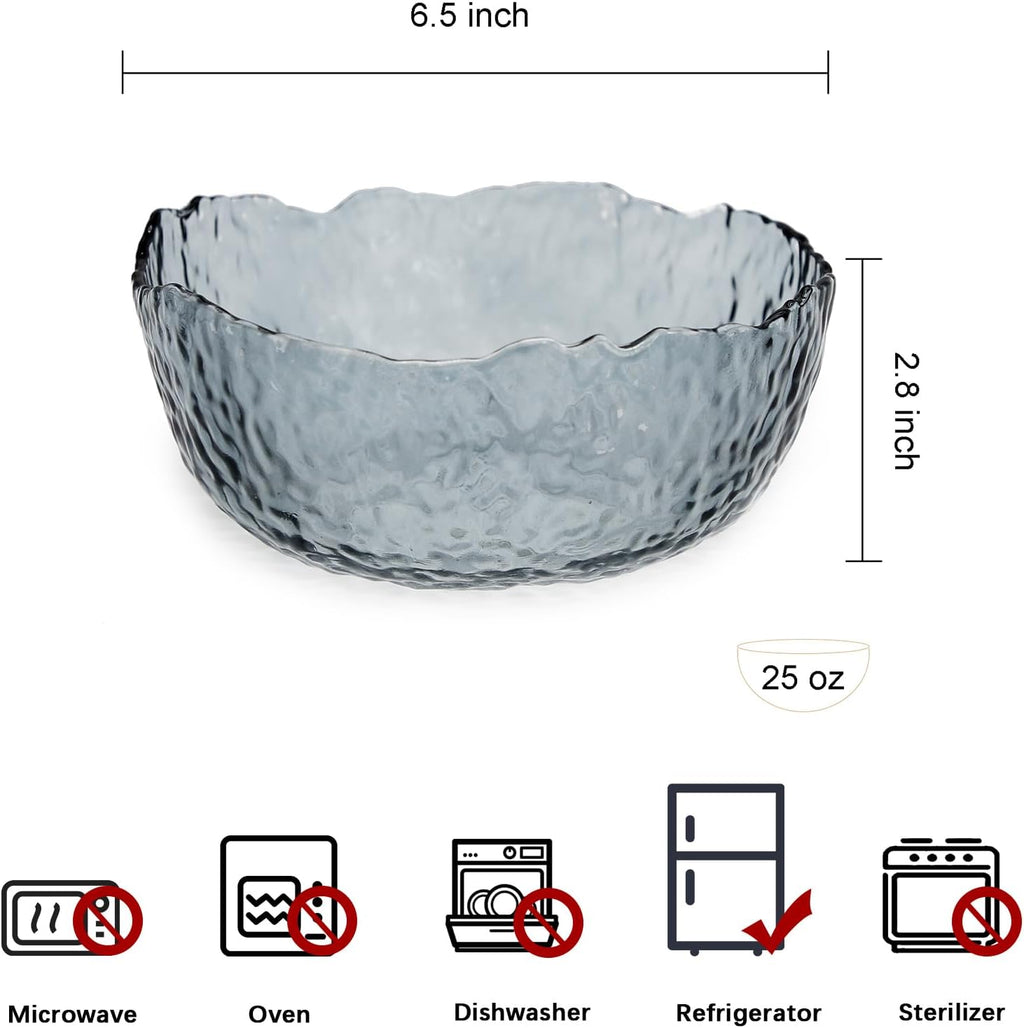 TOSSOW Glass Salad Bowl Irregular Shape Serving Bowls  25 oz Pyrex Mixing Bowls for Kitchen Prep  Fruit  Snack  Dessert  and Candy Dishes or Nut Bowls(Grey)