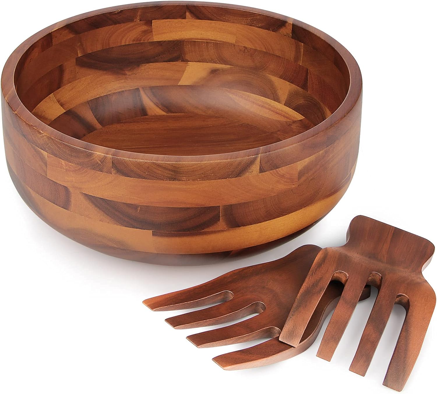 AIDEA Acacia Wood Salad Bowl Set with 2 Wooden Hands  Large Salad Bowl with Serving Utensils  Big Mixing Bowl for Fruits  Salad  Cereal  Corn flake Pasta 11" Diameter x 4.5" Height